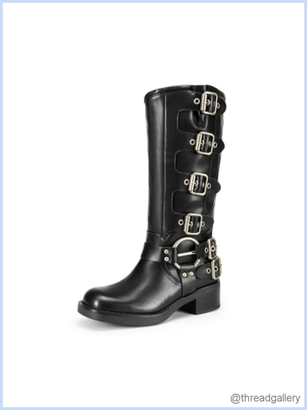 Women's Knee High Moto Boots Square Toe Block Heel Faux Leather Buckle